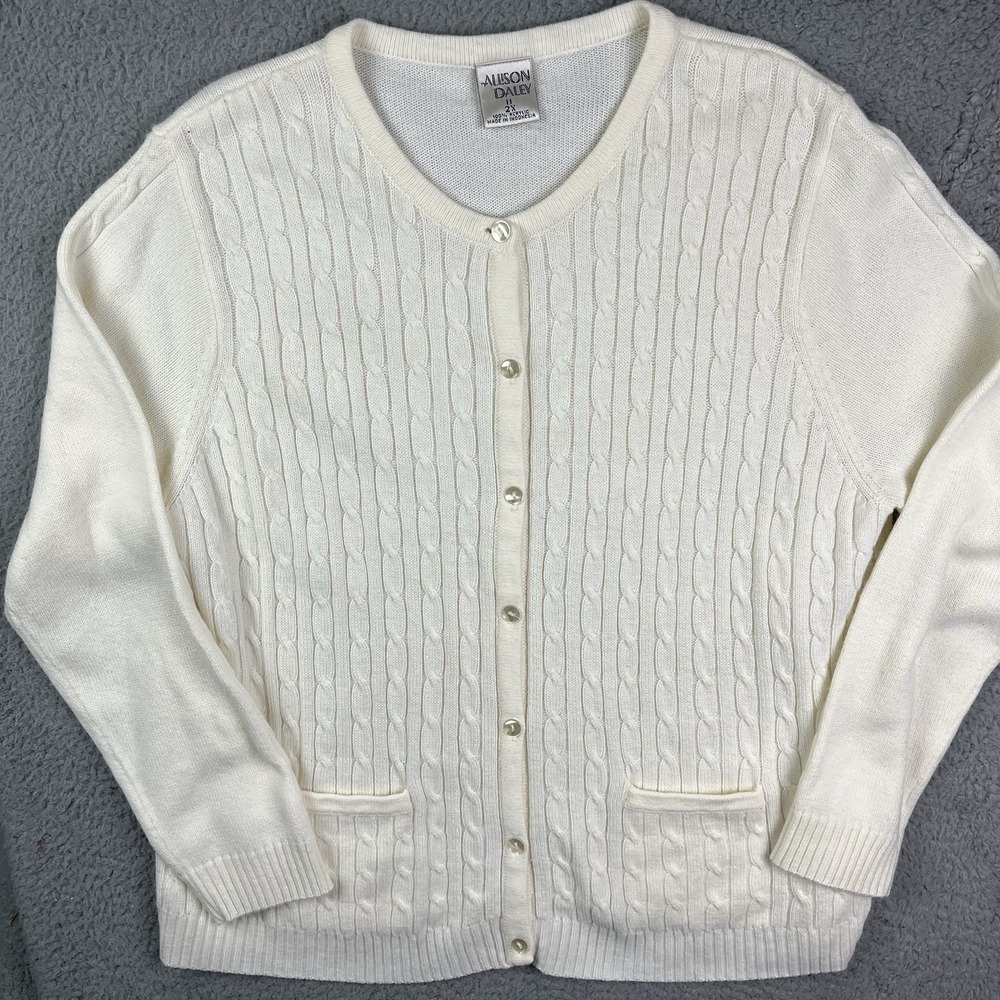 Vintage Allison Daley Sweater White Cardigan Button‎ Up Cable Knit Pockets Sz 2X